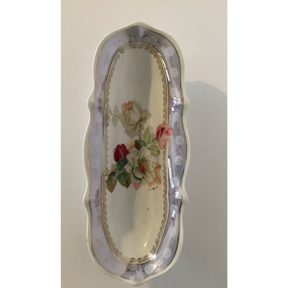 Vintage Porcelain Serving Dish Germany Floral Rose Design Gold Rim
